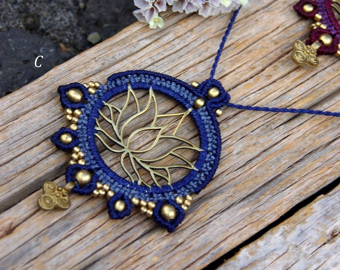 Lotus flower  Pendant in Macrame, brass lotus flower, fairy pendant, yoga necklace, spiritual jewelry, wabi sabi, macrame art, nickel free