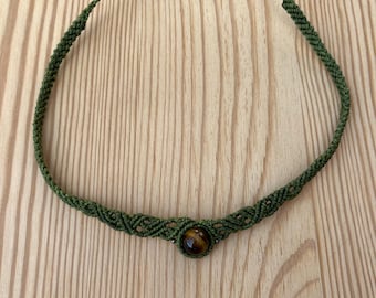 4. Handmade Tiger Eye Choker | Macrame Necklace with Natural Stone | Adjustable Green Necklace