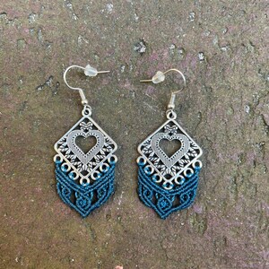 50. Teal Macrame Earrings | Heart Shape | Handmade | Sterling Silver Hooks | Boho Jewelry