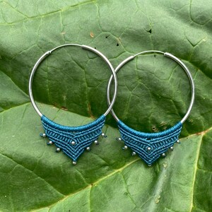 73. Handmade Sterling Silver Hoop Earrings – Teal Macramé with Silver Beads – Boho Statement Jewelry – 5 cm Diameter