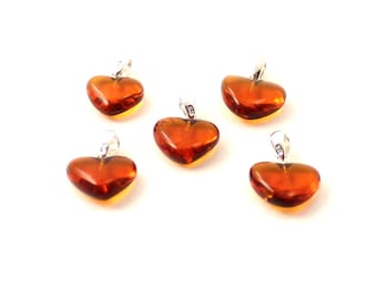 Pendentif Cœur En Ambre Sur Chaîne Plaqué Or - Signé MVX, Pierre Orange, Occasion En Bon état