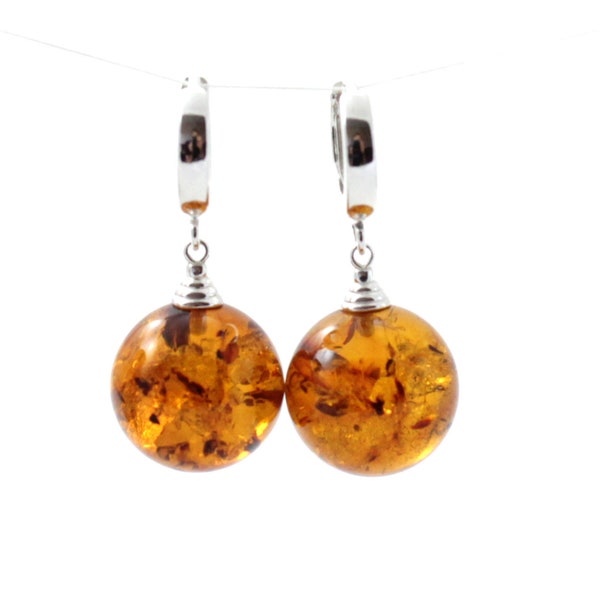Baltic Amber Drop Earrings, Cognac Color, Round Ball Shape, Sterling Silver 925, Jewellery, Boucles D'oreilles Ambre, orecchini in ambra