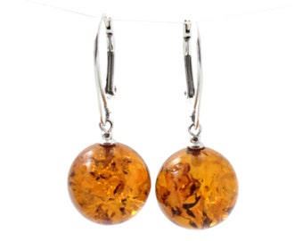 Amber Drop Earrings, Cognac Color, Dangle, Round Shape, With Sterling Silver, Baltic Amber, Jewelry, Polished