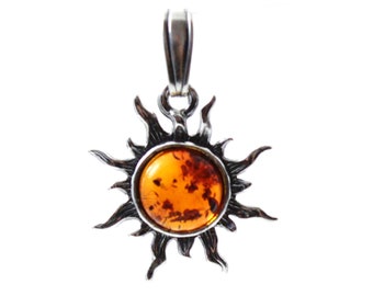 Baltic Amber Sun Pendant, Cognac Color, Round, Made with Sterling Silver, Jewelry, For Men or Women,  pendentif ambre