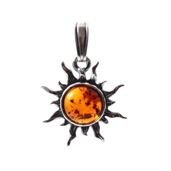 Baltic Amber Sun Pendant, Cognac Color, Round, Made with Sterling Silver, Jewelry, For Men or Women,  pendentif ambre