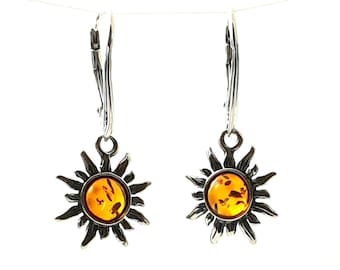 Pendientes de sol de ámbar báltico / Colgantes / Coñac / Con plata de ley 925 / Joyería / Bernstein Ohrringe / Boucles D'oreilles Ambre