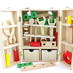 Wooden Carpenter Tool Box Set Pretend Wood Toys Toy Game for Children Kids Boy Boys Montessori Toys Holzspielzeug, jouet en bois image 1