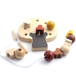 Wooden Montessori Beads Threading Beads String Beads Lacing Beads and String  for Toddlers Kids Fine Motor Skills Waldorf Gift Toys 9 Pcs 