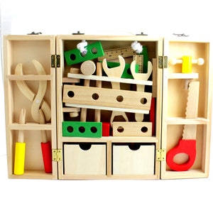 Wooden Carpenter Tool Box Set Pretend Wood Toys Toy Game for Children Kids Boy Boys Montessori Toys Holzspielzeug, jouet en bois image 2