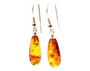 Amber Drop Earrings, Cognac Color, Dangle, Drop Shape, With Sterling Silver, Baltic Amber, Jewelry, Polished,  Bernstein Ohrringe