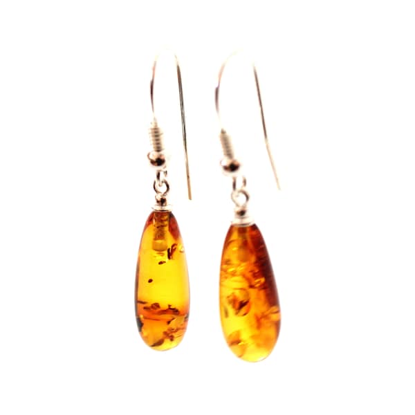 Amber Drop Earrings, Cognac Color, Dangle, Drop Shape, With Sterling Silver, Baltic Amber, Jewelry, Polished,  Bernstein Ohrringe