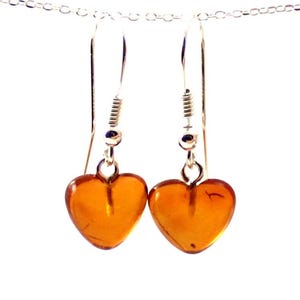 Amber Heart Earrings, Cognac Color, Dangle, Drop Shape, With Sterling Silver, Baltic Amber, Jewelry, Polished,  Bernstein Ohrringe
