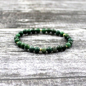 African Jade Stretch Dark Green Bracelet with Sterling Silver 925 Golden | 6 mm 6mm | Jewelry For Men Dad Women | Beaded Armband