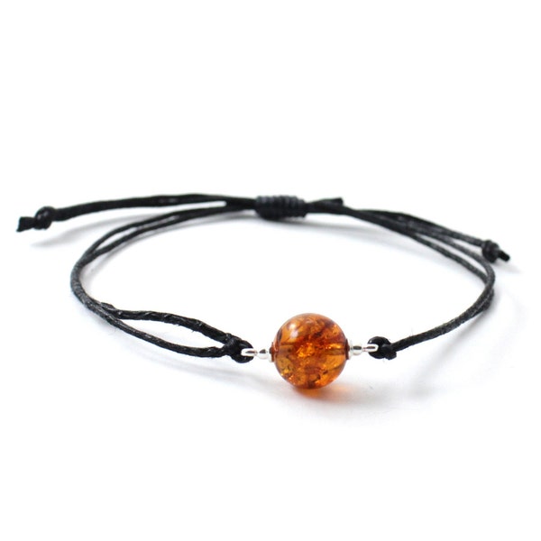 Bracelet d'ambre réglable avec perle ronde, minimaliste, noir, noué, pour femme ou homme, fait main, argent, taille adulte