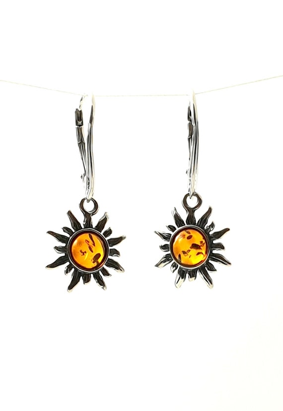 Baltic Amber Sun Earrings | Drop | Dangle | Cognac | With Sterling Silver 925 | Jewelry | Bernstein Ohrringe | Boucles D'oreilles Ambre