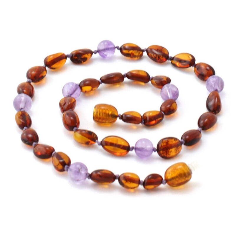 28-36 cm 10 pcs of Cognac Amber Baby Necklaces mixed with Amethyst Gemstone Beads Baltic Amber Wholesale LOT Available in 11-14.2