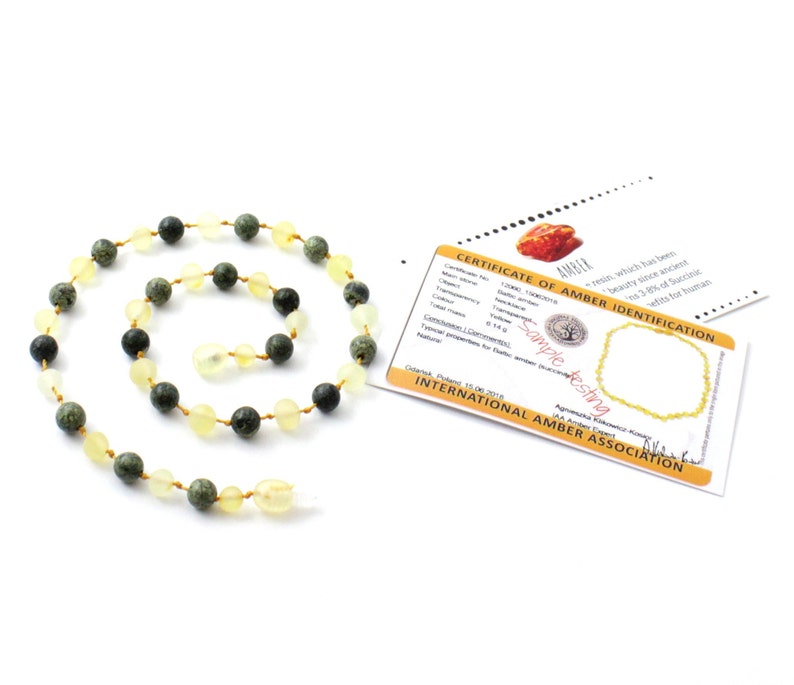Baltic Amber Teething Necklace Raw Lemon Amber made with Green Lace Stone Beads