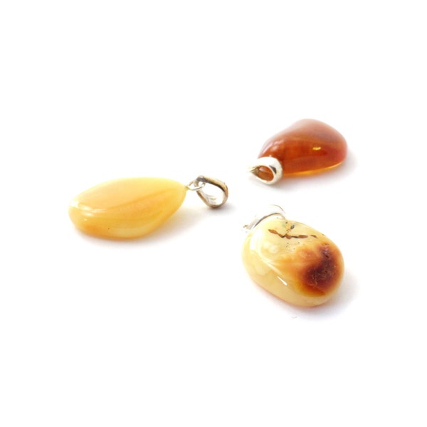 Amber Pendant Wholesale - 3 pcs of Amber Pendants, Random Shape, Milky Butter Color, With Sterling Silver, Baltic Amber