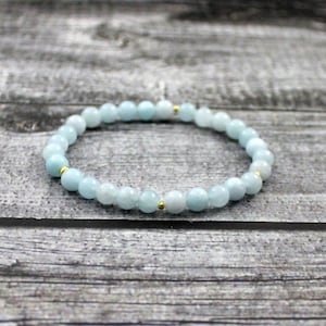 Aquamarine Stretch Light Blue Bracelet with Sterling Silver 925 Golden | 6 mm 6mm | Jewelry For Men | aigue-marine | pulsera aguamarina