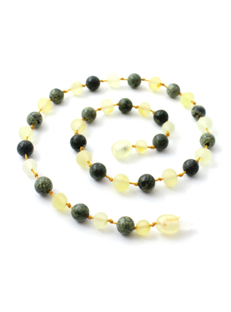 Baltic Amber Teething Necklace Raw Lemon Amber made with Green Lace Stone Beads