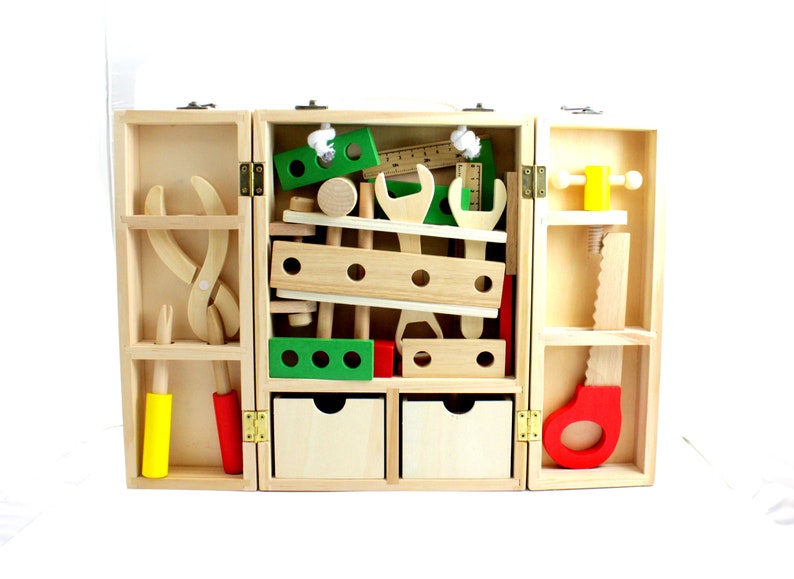 Wooden Carpenter Tool Box Set Pretend Wood Toys Toy Game for Children Kids Boy Boys Montessori Toys Holzspielzeug, jouet en bois image 2