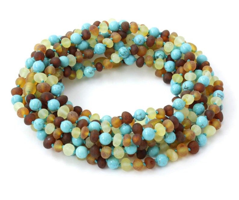 10 pcs of Baltic Amber Baby Necklaces Made With Raw Multicolor Amber and Turquoise Beads Amber Wholesale LOT