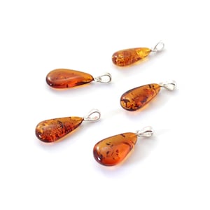 Amber Pendant Wholesale - 5 pcs of Amber Pendants, Drop Shape, Cognac Color, With Sterling Silver, Baltic Amber