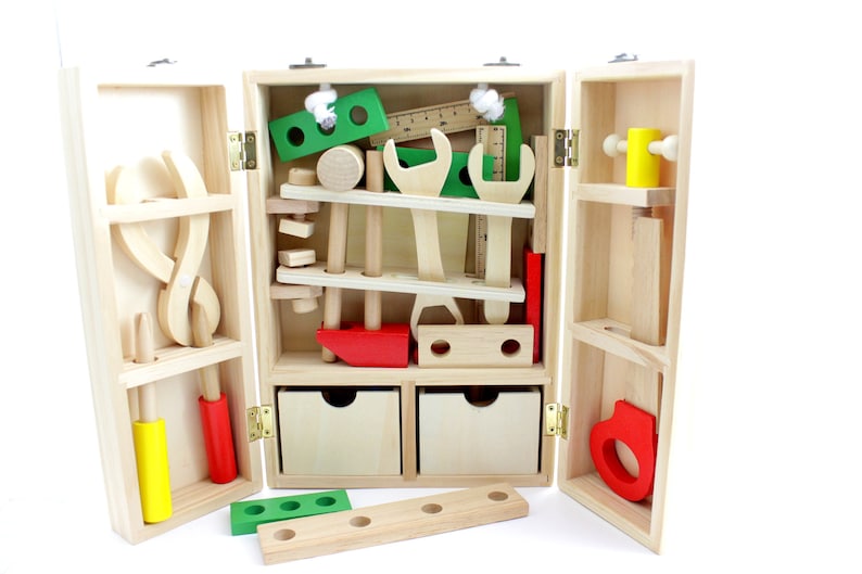 Wooden Carpenter Tool Box Set Pretend Wood Toys Toy Game for Children Kids Boy Boys Montessori Toys Holzspielzeug, jouet en bois image 1