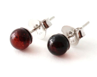 Amber Stud Earrings, Round, Cherry, 4 mm, Jewelry, With Sterling Silver, Studs, Minimalist, Black, Small, orecchini in ambra