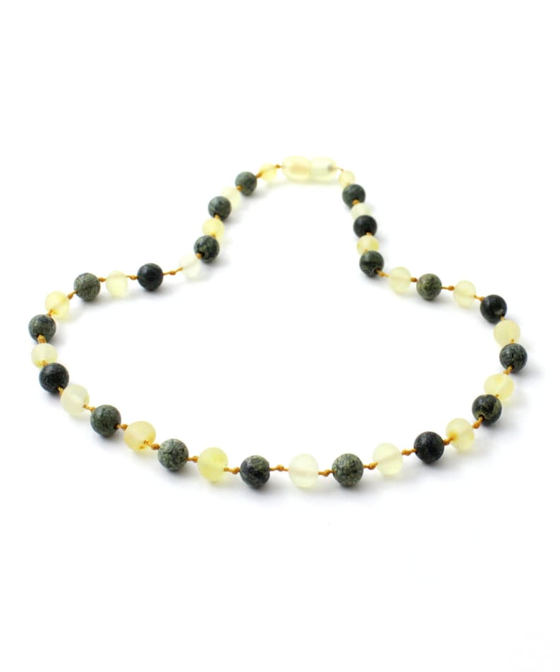 Baltic Amber Teething Necklace Raw Lemon Amber made with Green Lace Stone Beads