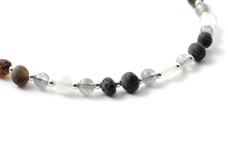 Made With Labradorite Minimalist Amber Anklet for Women or Men Adult Sizes Moonstone and Sterling Silver 925 Raw Green Amber Beads