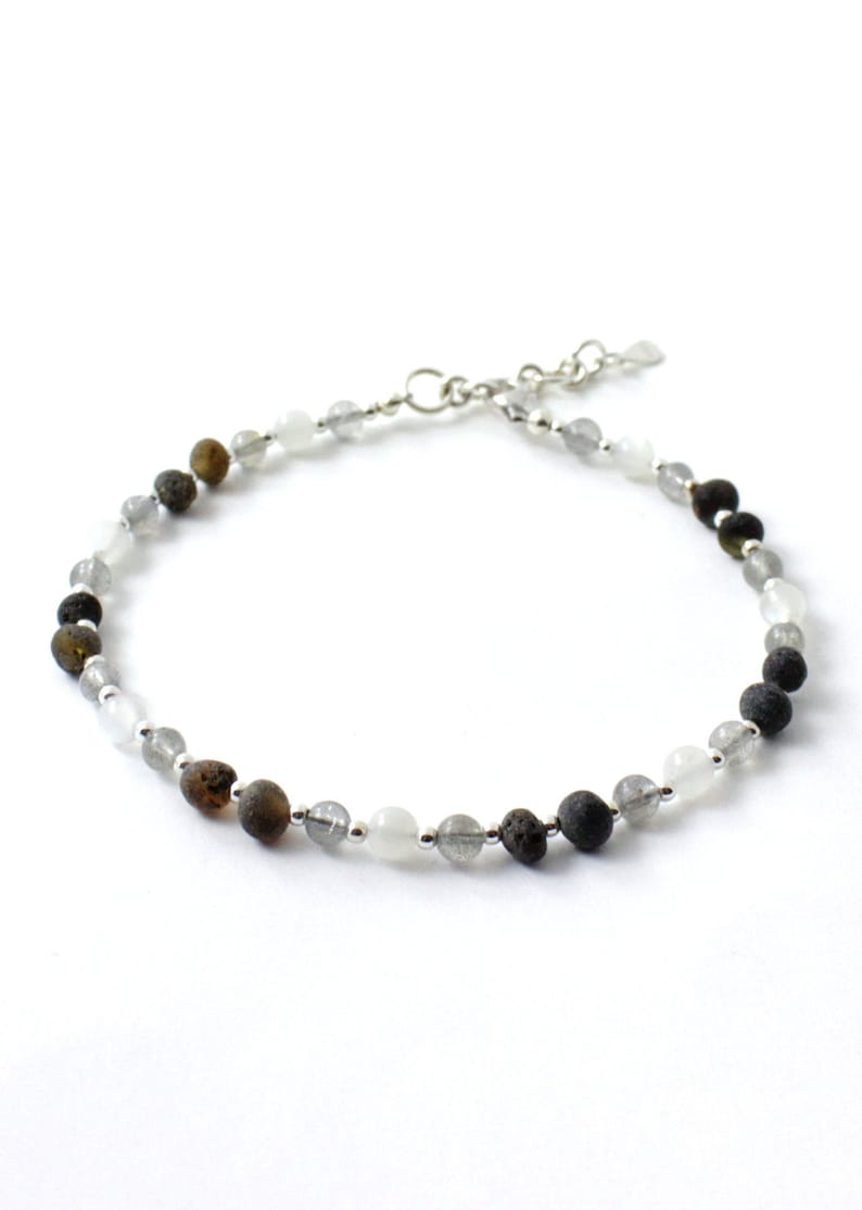 Made With Labradorite Minimalist Amber Anklet for Women or Men Adult Sizes Moonstone and Sterling Silver 925 Raw Green Amber Beads