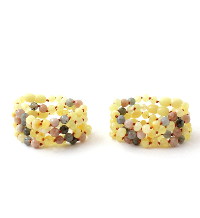 10 pcs of Milky Amber Teething Bracelets made with Sunstone and Labradorite Beads Baltic Amber Wholesale LOT