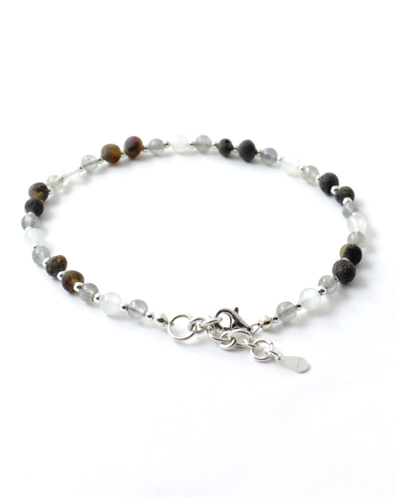 Made With Labradorite Minimalist Amber Anklet for Women or Men Adult Sizes Moonstone and Sterling Silver 925 Raw Green Amber Beads