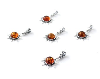 Amber Pendant Wholesale - 5 pcs of Amber Sun Pendants, With Sterling Silver, Cognac Amber