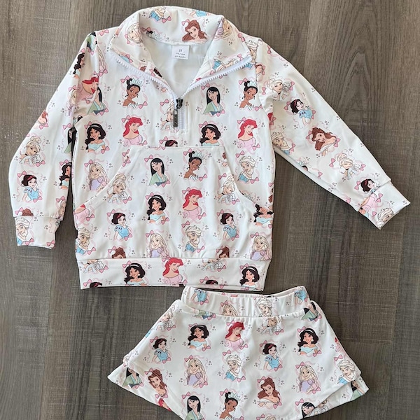 Disney Princess Activewear Skirt Built In Shorts Half Zip Long Sleeve Yoga Set FREE SHIPPING