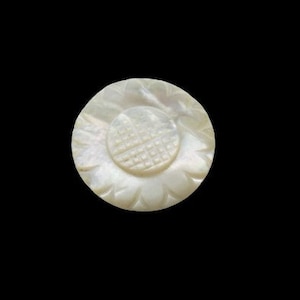 May include: A white mother of pearl button with a carved flower design.