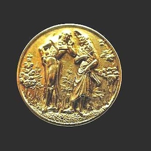 Antique Victorian Era Button Gilt Brass FRENC FOPS Couple Outdoors with Foliage High Relief and Detail NBS Div I Medium 1 & 1/8" Loop Shank