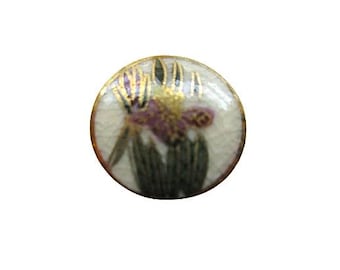 Beautiful Domed Japanese Satsuma Button Single Purple Iris & Bud Green Leaves Gold Outlining NBS Div III Small 13/16" c. 1950's - 1960's