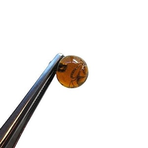 May include: A small, round, amber-colored bead is held by a pair of silver tweezers. The bead has a dark, swirling design inside. The background is plain white.