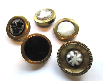 Seven Assorted Beautiful Victorian Era DRUM Buttons Three Different Leaves NBS Div I Medium 1" c. 1870's to 1890's Tin Backs Loop Shanks