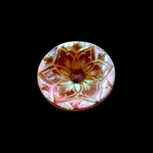May include: A round, iridescent button featuring a central hole and a detailed, embossed floral pattern with light-reflecting surfaces. The button displays a mix of warm amber, gold, and pearlescent tones, creating a multi-dimensional appearance.