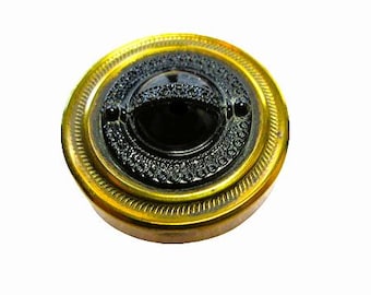 Black Glass Drum Button High Domed Center Dot Beaded Rim Textured Diagonal Band Border NBS Div I Pad Back 1 & 1/16" x 5/16" Rim c 1840-1860s
