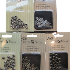 5 New/Old Stock Vintage Assorted &#39;Elite Better Beads&#39; Spacer Beads 3 Silver & 2 Gold Metal 140 Spacers Total