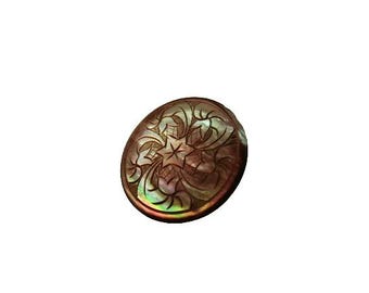 Antique Engraved Black-Lip Mother-of-Pearl/Shell South Seas Button Six-Petal Star Rosette NBS Div I Med 14/16th Inch c.  1890 - 1900
