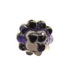 May include: A cluster ring featuring a spherical design composed of multiple small, round beads. The beads are in shades of black, purple, and silver, creating a textured and dimensional appearance. The ring is set against a white background.