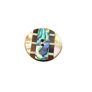 May include: A round button with a mother-of-pearl base, featuring a central abalone inlay and dark brown and cream-colored accents. The button has two small holes for sewing and is set against a white background.