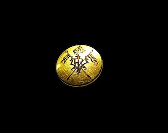 Gilt Brass Cuff Button Features Crowned 'VR" Victoria Regina Cipher Crossed Standards Scepter NBS Div I Small Jennens Co London c 1850-70's