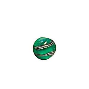 May include: A green marble with white and silver-colored swirling stripes. The marble is round and appears to be made of glass or a similar material. The marble is set against a white background.