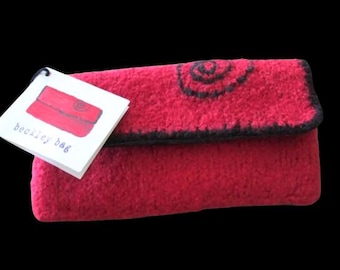 Dramatic Carol Beckley Clutch Bag Unique Abstract Desigh Black on Red 100% Wool Knitted Then Wet Felted Has Magnetic Closure Inside Pocket